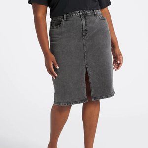 Washed Black Denim Stretch Midi Skirt